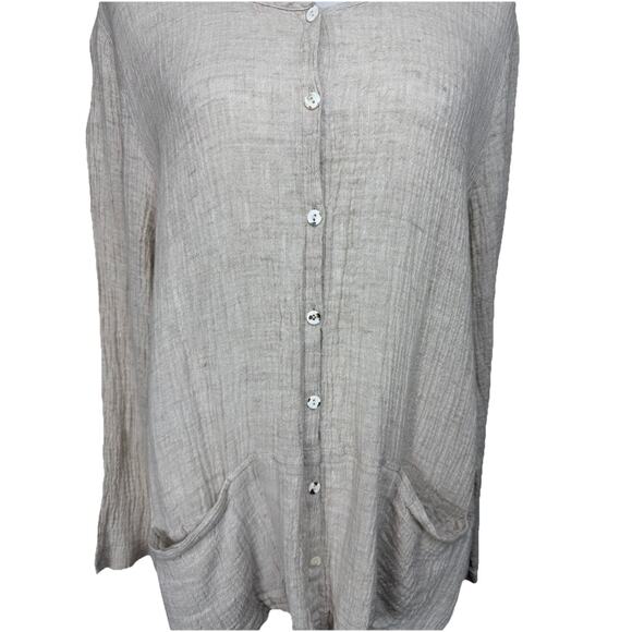 Pure Jill 100% Linen Crepe Button Up Long Sleeve Tunic Cardigan Beige Sz XL - Picture 2 of 15